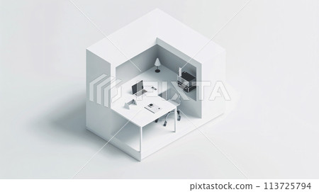 In the pristine white space, an isometric view unveils a cube-shaped box office, a microcosm of modern productivity 113725794