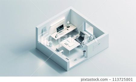 In the pristine white space, an isometric view unveils a cube-shaped box office, a microcosm of modern productivity 113725801