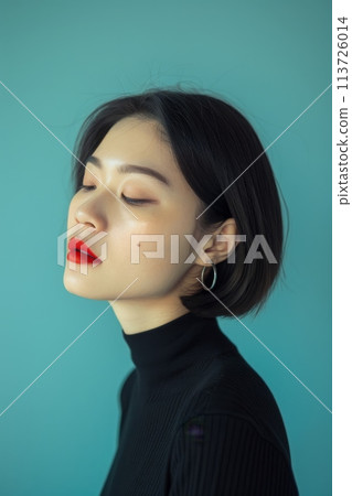 Black turtleneck frames her red lips, accentuating jawline and cheekbones 113726014