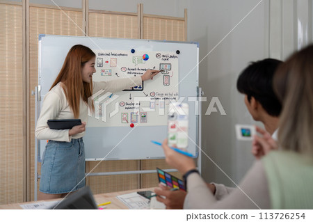 ux developer and ui designer presenting mobile app interface design on whiteboard in meeting at office. Creative digital development mobile app agency. digital transformation ux developer and ui designer presenting mobile app interface design on whiteboard in meeting at office. Creative digital development mobile app agency. digital transformation 113726254