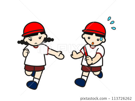 Boy and girl passing the baton in a relay race 2 113726262
