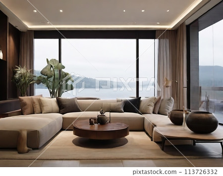 Interior of modern living room with sea view, sofa and coffee table Interior of modern living room with sea view, sofa and coffee table 113726332