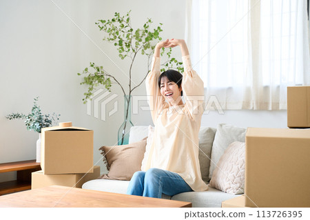 一名婦女被搬運的行李包圍 一名婦女被搬運的行李包圍 113726395