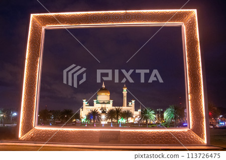 Very beautiful framed night view of the Old Mosque in Brunei Darussalam 113726475