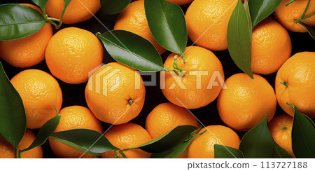 Background of fresh tangerines with green leaves. 113727188