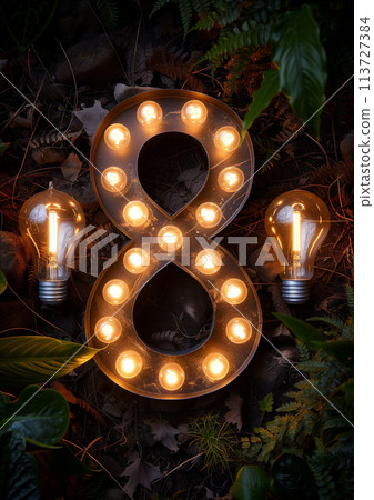Vintage Style Illuminated Light Bulb Number 8 Glowing, Womens day concept 113727384