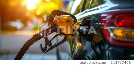 Close-up of refueling gun inserted into dark car fuel tank with diesel or petrol 113727406