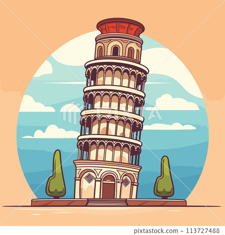 Leaning tower of Pisa hand-drawn comic illustration. Leaning tower of Pisa. Vector doodle style cartoon illustration 113727488