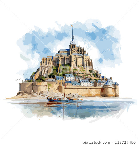Mont Saint-Michel hand-drawn comic illustration. Mont Saint Michel. Vector doodle style cartoon illustration 113727496