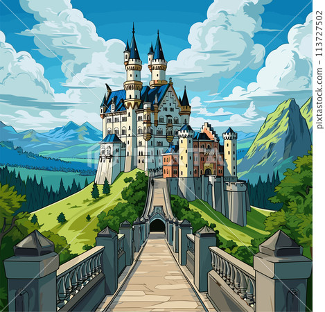 Neuschwanstein castle hand-drawn comic illustration. Neuschwanstein. Vector doodle style cartoon illustration 113727502