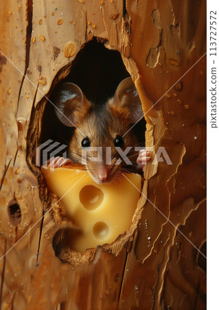 Close-up of curious mouse head peeking through hole in cheese on wooden board 113727572