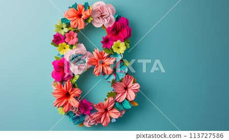 Number eight crafted from colorful paper flowers for womens day celebration 113727586