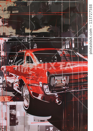 Collage of various cars with striking white lines in urban setting 113727588