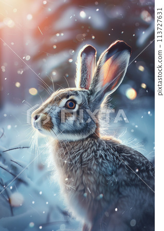 Adorable hare in snowy forest wildlife habitat, blurred winter wonderland background 113727631