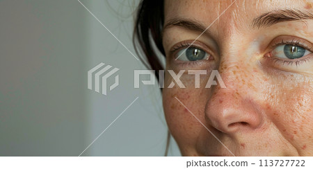 Cropped portrait of a beautiful middle-aged woman with healthy, natural skin. Skin care concept. Fighting wrinkles. Cropped portrait of a beautiful middle-aged woman with healthy, natural skin. Skin care concept. Fighting wrinkles. 113727722