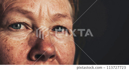Cropped portrait of a beautiful middle-aged woman with healthy, natural skin. Skin care concept. Fighting wrinkles. Cropped portrait of a beautiful middle-aged woman with healthy, natural skin. Skin care concept. Fighting wrinkles. 113727723