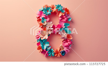 Number eight crafted from colorful paper flowers for womens day celebration 113727725