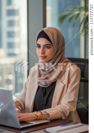 Focused arab businesswoman in hijab working on laptop in modern office 113727787