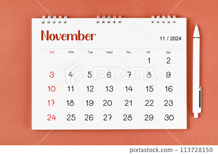 November 2024 Monthly desk calendar for 2024 year and pen 113728150