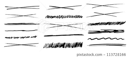 Underline scribble lines, cross stoke, set free hand fast marks, typography elements isolated on background. Sketch form, border. 113728166