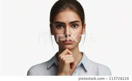 一個女人用手托著下巴思考 113728228