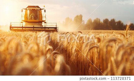 Combine harvester harvests field of mature wheat on sunny day 113728371