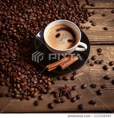 coffee beans and cup on old wood 113728397