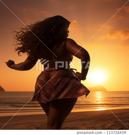 Plump woman dancing on beach Plump woman dancing on beach 113728439