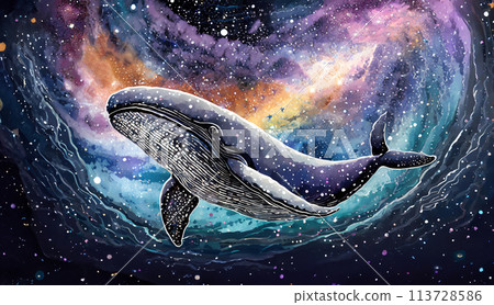 A world of fantasy and delusion, a giant whale swims through a rainbow-colored universe A world of fantasy and delusion, a giant whale swims through a rainbow-colored universe 113728586