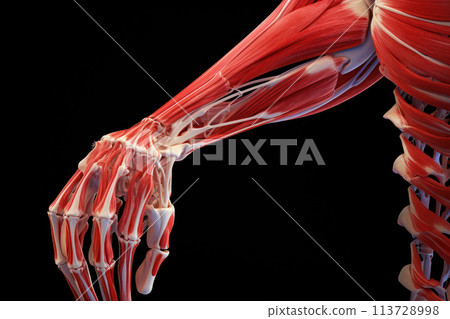 This 3D representation emphasizes pain, inflammation, interaction between bones, muscles, tendons. AI Generative 113728998