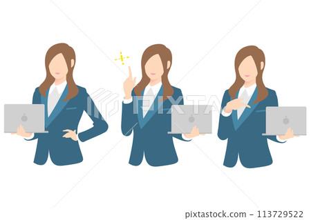 一位女商人的上半身，拿著電腦有想法，展示電腦螢幕並解釋 113729522