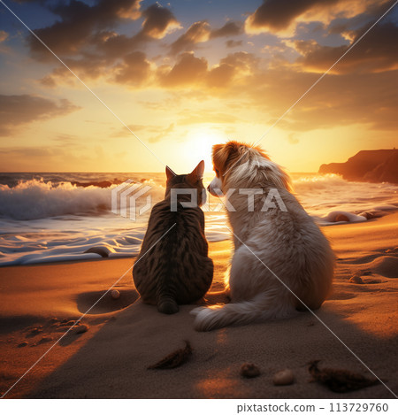 Dog and cat sitting on beach at sunset Dog and cat sitting on beach at sunset 113729760