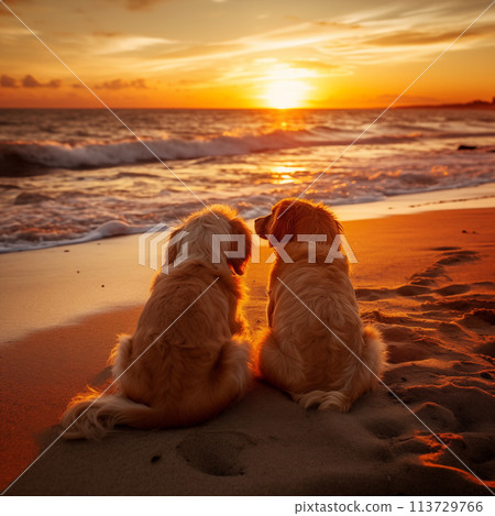 Two dog sitting on beach at sunset 113729766