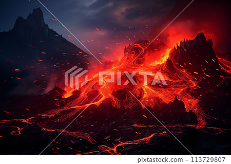 Dramatic volcanic lava eruption Dramatic volcanic lava eruption 113729807