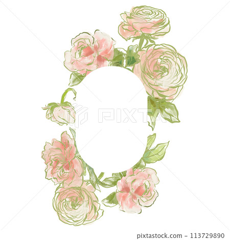 Oil painting abstract frame of ranunculus and rose. Hand painted floral composition isolated on white background. Illustration for design, print, fabric or background. Oil painting abstract frame of ranunculus and rose. Hand painted floral composition isolated on white background. Illustration for design, print, fabric or background. 113729890