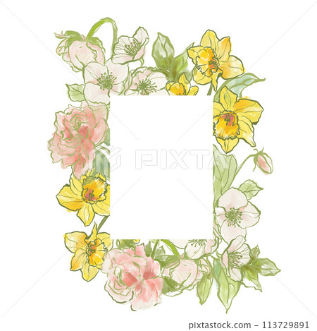 Oil painting abstract frame of narcissus, peony and jasmine. Hand painted floral composition isolated on white background. Illustration for design, print, fabric or background. 113729891