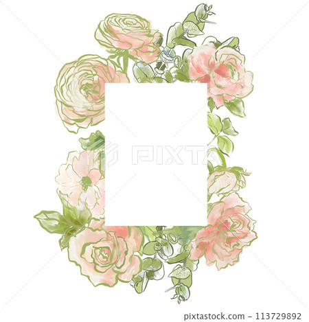 Oil painting abstract frame of ranunculus, peony and eucalyptus. Hand painted floral composition isolated on white background. Illustration for design, print, fabric or background. 113729892