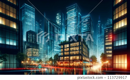 雨中倒映的道路和摩天大樓夜景 113729917