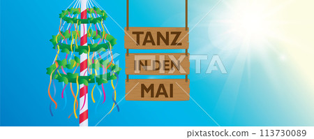 hanging wooden sign tanz in den mai maypole with colorful ribbons vector illustration hanging wooden sign tanz in den mai maypole with colorful ribbons vector illustration 113730089