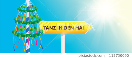maypole celebration sign direction tanz in den mai and colorful ribbons vector illustration 113730090