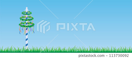 maypole with colorful ribbons on green meadow vector illustration 113730092