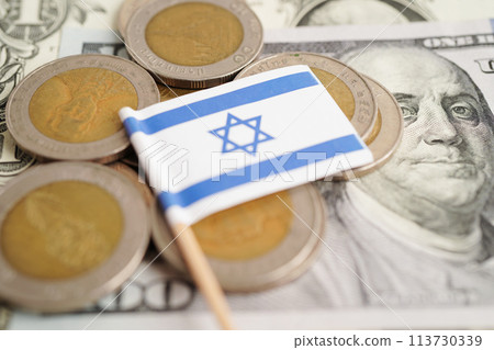 Israel flag on coin and banknote money, finance trading investment business currency concept. 113730339