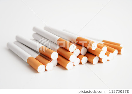 Cigarette, roll tobacco in paper with filter tube, No smoking concept. 113730378