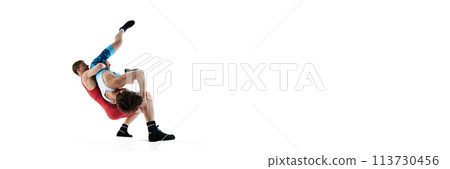 Athletes in motion, concentrated men, athletes, wrestlers in motion, training isolated on white background 113730456