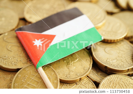 Jordan flag on coin and banknote money, finance trading investment business currency concept. 113730458