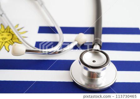 Uruguay flag with black stethoscope, Business and finance concept. Uruguay flag with black stethoscope, Business and finance concept. 113730465