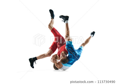 Wrestlers in action, young male competitors in motion, wrestling in, fighting isolated on white background 113730490
