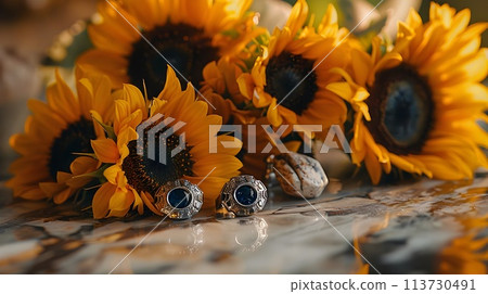 Elegant Contrast of Sunflowers Cufflinks and Marble Surfaces 113730491