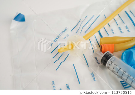 Foley catheter and urine drainage bag collect urine for disability or patient in hospital. 113730515