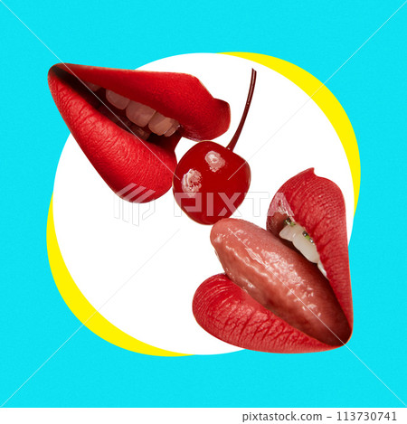 Contemporary art collage. Red-lipped mouth with bright pink tongue licks, bites juicy red cherry. Trendy magazine style. 113730741